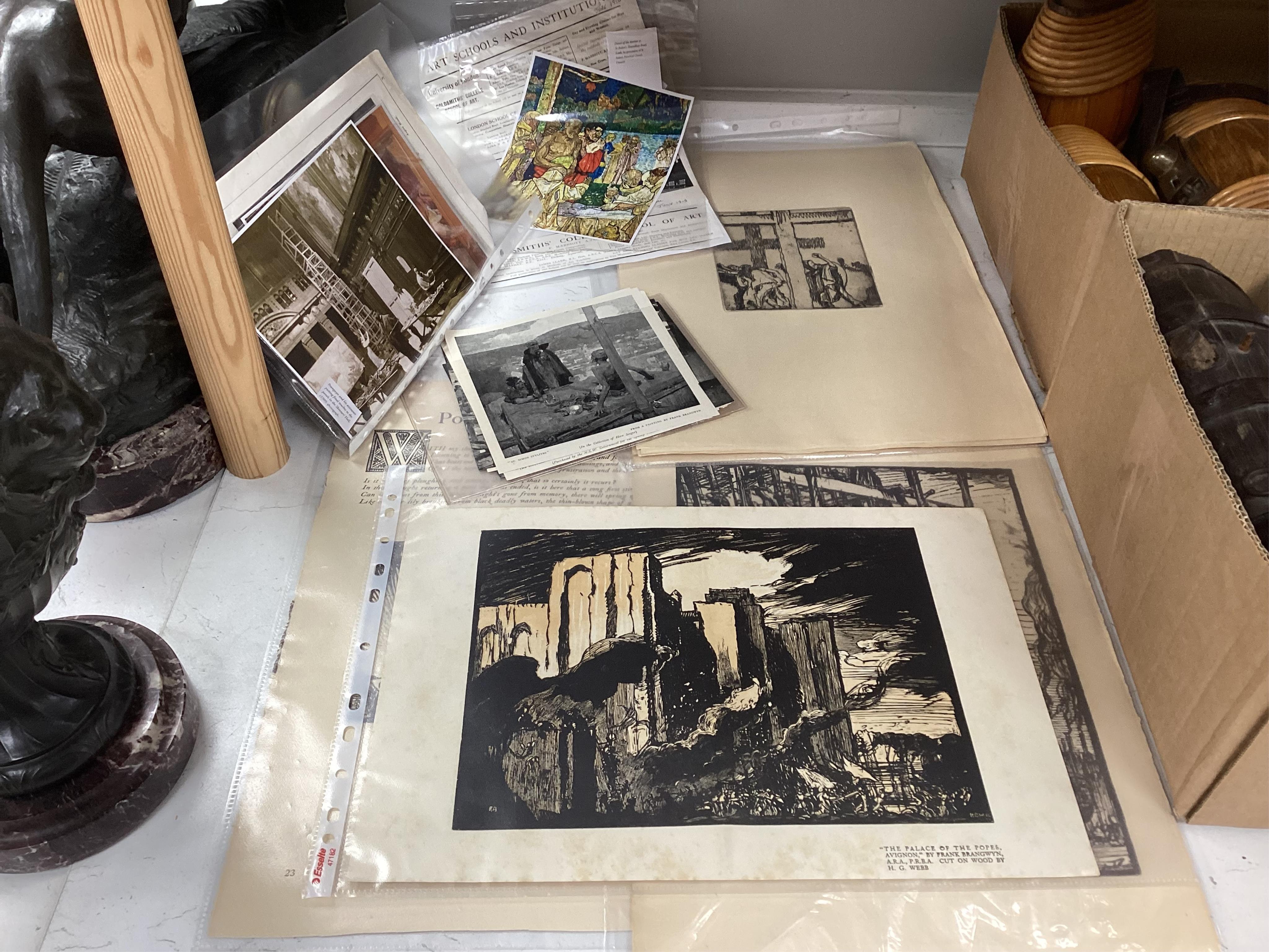 After Frank Brangwyn RA RWS RBA (1867-1956), a collection of unframed etchings and book plates to include Poem by JC Squire, together with related photographs inclduing Brangwyn in his studio